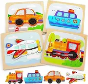 PELOSTA 4Pcs Wooden Toddler Puzzles for Boys Girls Age 1-3,Traffic Shape Montessori Toys,Early Learning Preschool Educational Toys Gifts for 1 2 3 4 5 Years Old Toddlers(Contains Storage Bag)