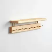 Solid Wood Shelf with Hooks, 18.9 inch Coat Rack Wall Mount, Shelves with 6 B...