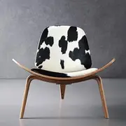 Let's Make Memories Shell Living Room Chair - Mid-Century Modern Tripod Leather Single Sided Accent Chair - Classic Design Lounge Chair with Upholstered and Tripod Log Finish Comfort Backrest,Black and white cow leather