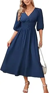 [Kormei] Women Casual Boho V Neck 3/4 Sleeve Smocked Waist A Line Flowy Swing Midi Dress Smocked Long Dress