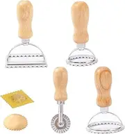 4 PCS Ravioli Making Knife Kit with Wooden Handle, Ravioli Mold Pasta Cutter Stamps, Ravioli Stamp Maker Cutter with Roller Wheel, Ravioli Maker Knife for Ravioli Pasta Lasagna (4)