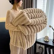 Solid Color Thickened Wide Striped Multifunctional Blanket Can Be Used As Bed Sheet Cover Blanket， Nap Blanket， Pet Blanket,Khaki,200x230cm About1.5kg