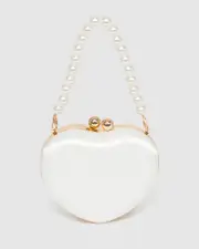 White Pearl Handle Heart Clutch Bag