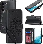 Cavor Wallet Case for Samsung Galaxy S22 6.1'' PU Leather Case Magnetic 3D Embossed Flower Women Flip Kickstand with Card Holder Wristlet Hand Strap Protective Cover -Flower Black