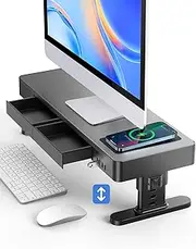 meatanty Monitor Stand Heights Adjustable, Computer Riser with Auto Phone Charger, 4 USB Ports Hub and Drawer Storage, Metal Desktop Organizer Lifter Shelf for PC Screen Studio Display Office Gaming