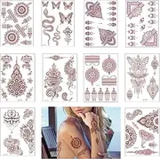 Ling-Luo 10 Sheets Henna Tattoos Temporary Henna Stickers, Brown Women Body Art Stickers, Fake Face Neck Arm ｜ Women Men Children Temporary Flower Star Tattoo Kits