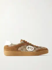 [Gucci] Gucci - Leather And Suede-trimmed Coated Canvas-jacquard Sneakers - Brown - IT38 IT 38 Brown
