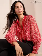 Love & Roses Red Bow Printed Tie Neck Detail Long Sleeve Blouse (AD7647) | $97