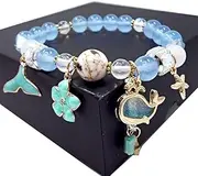 [IBOWZ] Crystal Bracelet Bead Bracelets Crystal Bracelet, 7 Chakra Natural Stone Bead Bangle Blue Chalcedony Elastic Bracelet Yoga Flower Pendant Jewelry for Ladies