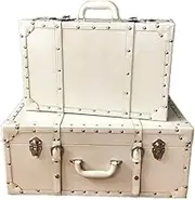 saditesdk Vintage Decorative Suitcase Set of 2 Vintage Storage Suitcase Wooden Box PU Leather Treasure Chest Jewelry Organizer Storage Trunk, White L+S