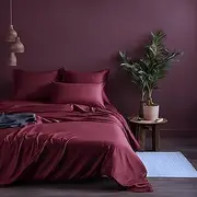 RAGA 100% Tencel Bed Sheet Set, 375 Thick Thread Count and Sateen Weave, Super Soft and Durable, 4 Pieces Sheet Set, Solid Plain Merlot Color (Queen)