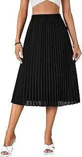 [Rooscier] Women's High Elastic Waist Pleated Chiffon Skirt Swing A-line Midi Skirts, Black, Small