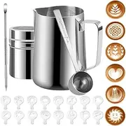 Milk Frothing Pitcher,20oz/600ML Milk Frother Cup Set,Stainless Steel Espresso Milk Steaming Pitcher,Stainless Steel Powder Shaker with Lid,16Pieces Coffee Decorating Stencils,Decorating Art Pen