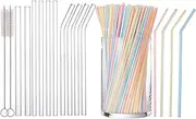 12 Pack Glass Straws & 100 PCS Multiple Colors Straws, Reusable Drinking Glass Straw - 4 Straight Straws & 4 Bent Straws & 2 Extra Wide Straw with 2 Cleaning Brushes,Suitable for Various Drinks Juice