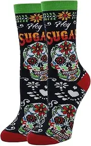 [ooohyeah] Women's Novelty Halloween Crew Socks, Fun Funny Spooky Crazy Cool Casual Dress Socks, Shoe Size 5-10, Hey Sugar, 5-10