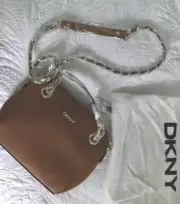 DKNY Crossbody Bag, Leather Medium Brown Color Braided Strap Gold Chain R050922