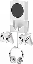 4 in 1 XBOX Series S Wall Mount Bracket Stand Bundle Set, Dual Controller Holder & Headphone Hanger, Heat Dissipation, Comes with Spirit Level & Non-Slip Mat, Cable Charging Notch, Easy Installation