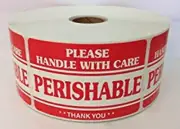 3x5 Large Perishable Red & White Please Handle with Care 100 Labels 1" Core