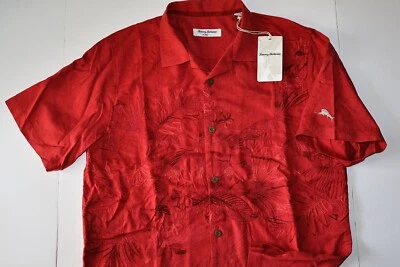Tommy Bahama Camp Shirt Lei Embroidered Silk Chili Red SS New $188 Medium M
