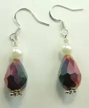 Purple Briolette Crystal with Faux Pearls Earrings Handmade Jewelry