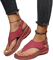 [JSMY] Sandals for Women Casual Summer Beach Flip Flops Sandals with Buckle Ankle Strap Comfy Clip Toe Sandals with Arch Support Outdoor Beach Shoes,Red,US4/EU35