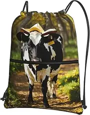 EdWal Cute Cow Print Drawstring Backpack Gym Bags Sports Bags With Zipper Pocket For Travel Beach, Black, One Size