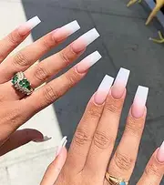Aegenacess 24pcs French Press on Nails Extra Long Fake Coffin Nail Glossy False Nails with Ombre Designs White Pink Nails Art Tips Sets Full Cover Press ons Ballerina Stick Finger Manicure for Women and Girls (French)