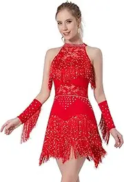 [ELLYDOOR] Women Latin Dress Lace Rhinestone Fringe Skirt Ballroom Salsa Cha Cha Dance Party Dress with Armband