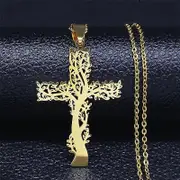 Stainless Steel Tree of Life Cross Pendant Necklace Silver Color Men Women Aesthetic Necklace Jewelry arbol de la vida N3018S02 A 50 cm O GD