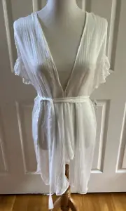 Oscar de la Renta Size L White Chiffon Sheer Robe Lingerie, Pink Label NWT