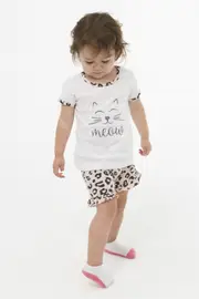Girls PJS Size 0-2 White Meow Cat Print Short Sleeve Set Pyjamas