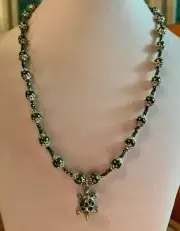 Turtle Pendant Necklace & Earring Set, Olive Glass Pearls, Crystals, Pewter & Si