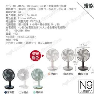 【N9 LUMENA】FAN STAND3 USB桌上型 擺頭隨行風扇 充電風扇 桌上風扇 小風扇 省電 露營 悠遊戶外