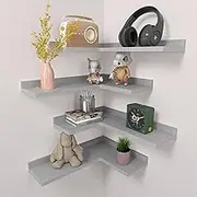 Ecowillon Rustic Pine Wood Corner Shelves Set of 4, L-Shaped Wall Mounted Shelf for Multi-Room Storage and Decor - Grey