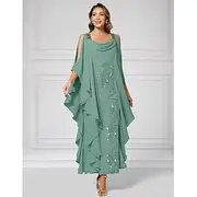 Green Blue A-Line Mother of the Bride Dress Elegant Luxurious Sparkle Shine Boat Neck Ankle Length Chiffon Half Sleeve with Beading Tier Cascading Ruffles