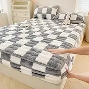 Mattress Cover Fitted Sheet Luxury Flannel Non-Slip Mattress Protector Cover Ultra-Soft Checkered Dustproof Bed Topper Fluffy Comfy Waterproof Bedding-Gray||Double 47x79inch