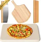 4-Piece Rectangle Pizza Stone Set, 38Cm with Oak Peel, Cutter & Cooking Papers