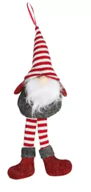 Christmas House Gnome Plush Ornament with Dangling Legs, 10.25x3.25-in. ~ Gray