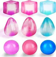 PEJOURI Mini Sensory Fidget Toy Variety Pack - 9pc Squishable Squeeze Toy Set, 3pack Mini Cube, Balls, Drops, Always Returns to its Shape,3 Colors