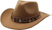 YFVFAGDMKV Four Seasons Man Women Cowboy Hats Woolen Ethnic Style West Banded Copper Coin Decoration Caps(Light Brown)