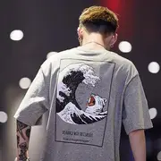 Couple Matching Elbow-Sleeve Embroidered T-Shirt Gray - M