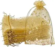 [QOOWFEANIG] 100 Pieces Moon Star Organza Bag - Small Clear Gauze Mesh Pouch for Wedding Favors, Jewelry, Candy, Gift Packaging - Lightweight & Versatile,Golden
