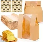 50-Pack Large Paper Bread Bags with Window Label Stickers - Reusable Sourdough Storage Bags for Home Bakery | Eco-Friendly Kraft Packaging with Sealable Flaps
