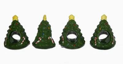 4 VTG Handpainted Ceramic 3-1/4" Decorated Christmas Tree Napkin Ring Holders