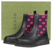 NEW GUCCI BLACK LEATHER GG FUCHSIA INSERT BOOTS SHOES 38/US 8