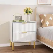 Levede White Night Stand, Fluted Glossy Nightstand with 2 Drawers, Wide Modern Storage Bedside Table for Bedroom, End Side Table with Golden Metal Legs and Handles (1 Piece)