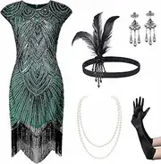 BABEYOND 1920s Flapper Dresses Set 20s Great Gatsby Dress 1920s Fringed Dress with Accessories Set