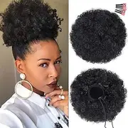 Afro Puff Drawstring Ponytail Extension for Black Women, Premium Black 1B 80gram Short Synthetic Afro Puff Ponytail for Natural Hair, Clip On Kinky Drawstring Curly Ponytail Bun