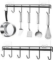 Myfolrena Adhesive Kitchen Hooks Utensil Hanger Holder Hanging Rack 2 Pack, Hanging Rack Wall Mounted Kitchen Rail for Spoons Pot Coffee Mug Cups Tags(Black)