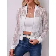 Women's Bomber Jacket Breathable Comfortable Lace Patchwork Zipper Elegant Casual Plain Street Casual Daily Wear Zipper Short Stand Collar Regular Fit Long Sle